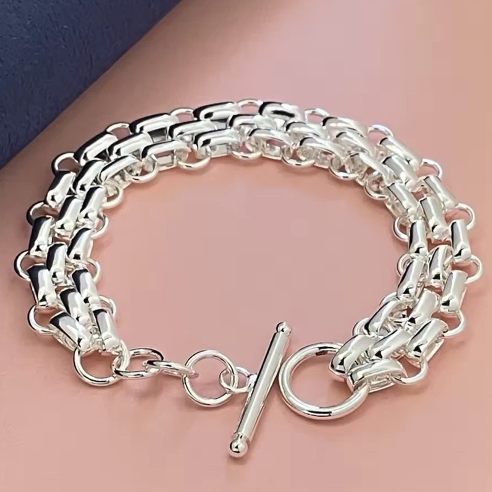 Sterling Silver Chain Link Cuban Mesh Lattice Stamped 925 Bracelet - Picture 2 of 5